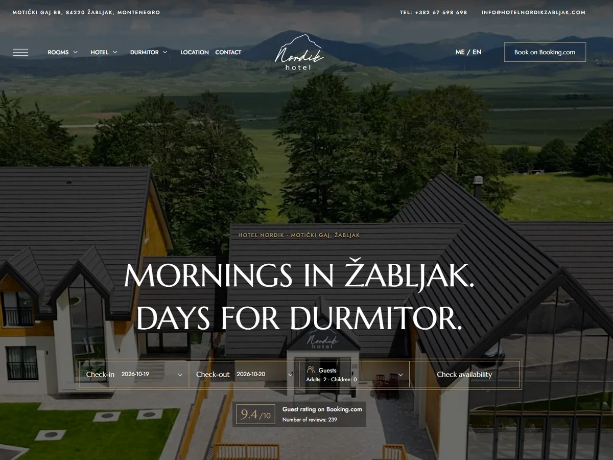 Dizajn sajta Hotela Nordik sa predstavljanjem hotela, Žabljaka i Durmitora
